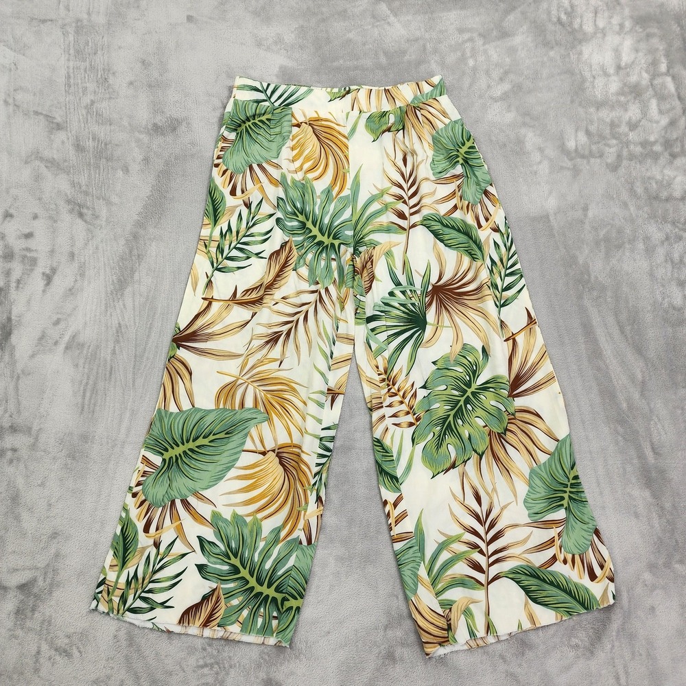 Milk & Honey Pants Womens L Green Tropical Leaf Crop Wide Leg Raw Hem Casual